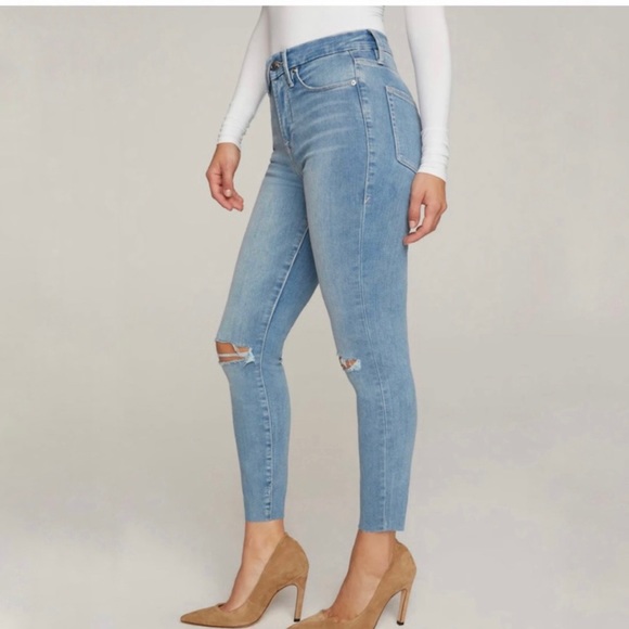 GOOD AMERICAN GOOD WAIST CROP RAW EDGE HIGH WAIST DISTRESSED SKINNY JEANS Sz4/27 - Picture 4 of 15